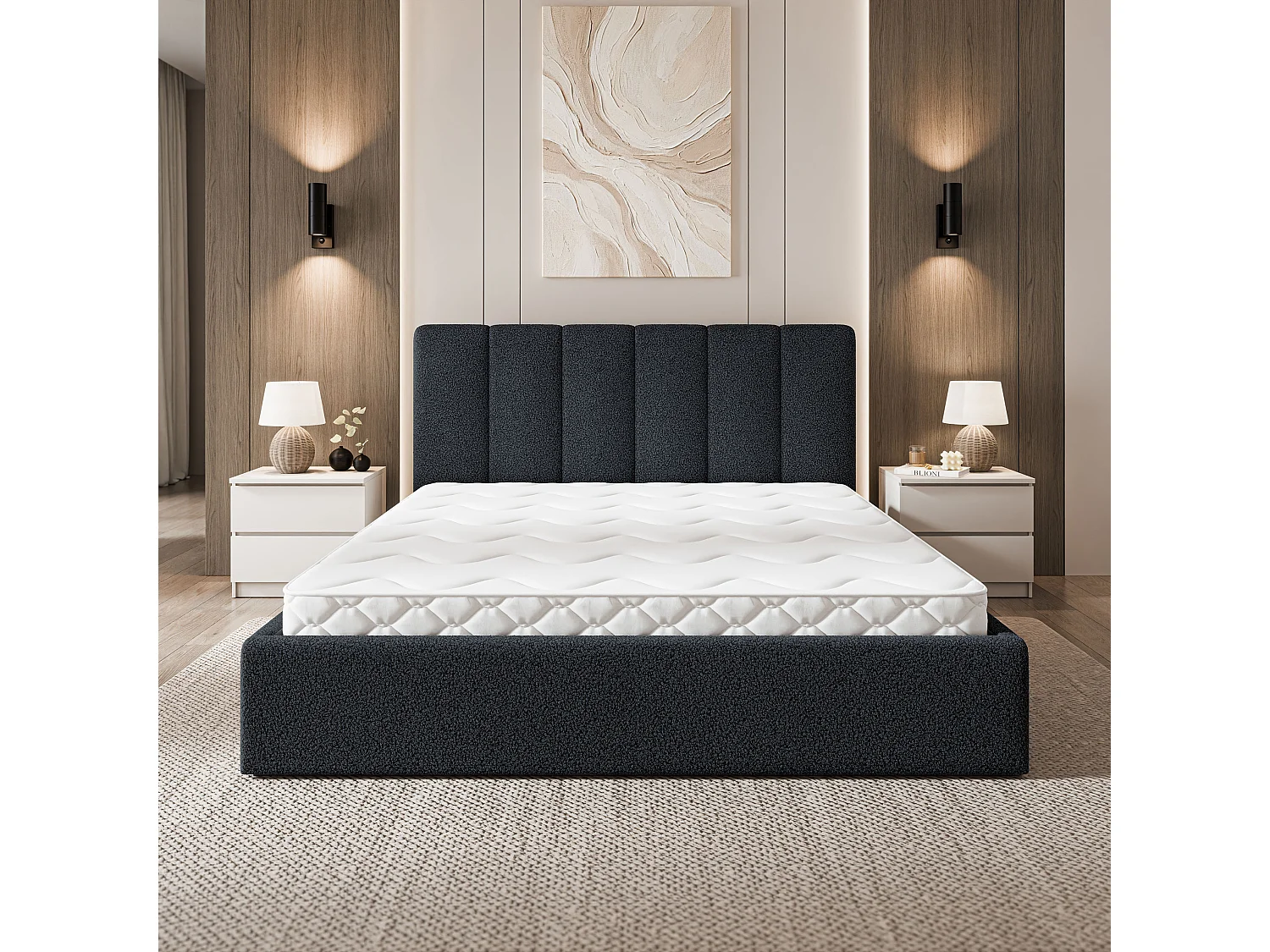 Gestoffeerd bed NEMIS 180x200 cm - Bouclé stof - Zwart