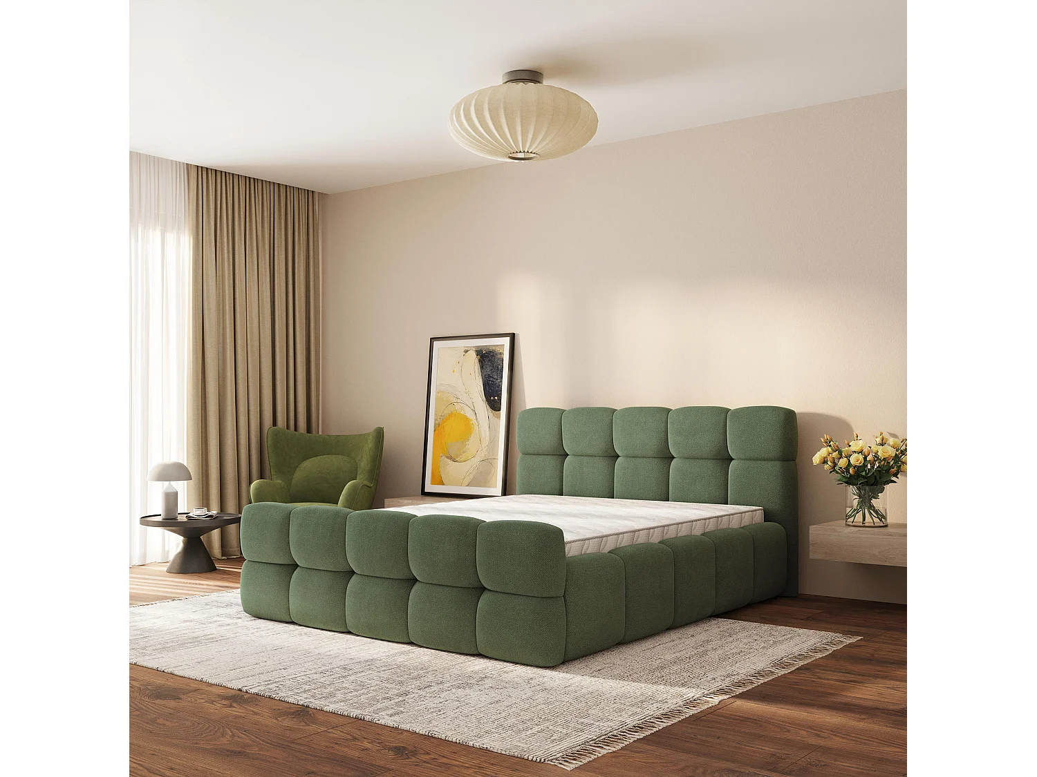 Gestoffeerd bed ELIZJA 160x200 cm - Geweven stof - Groen
