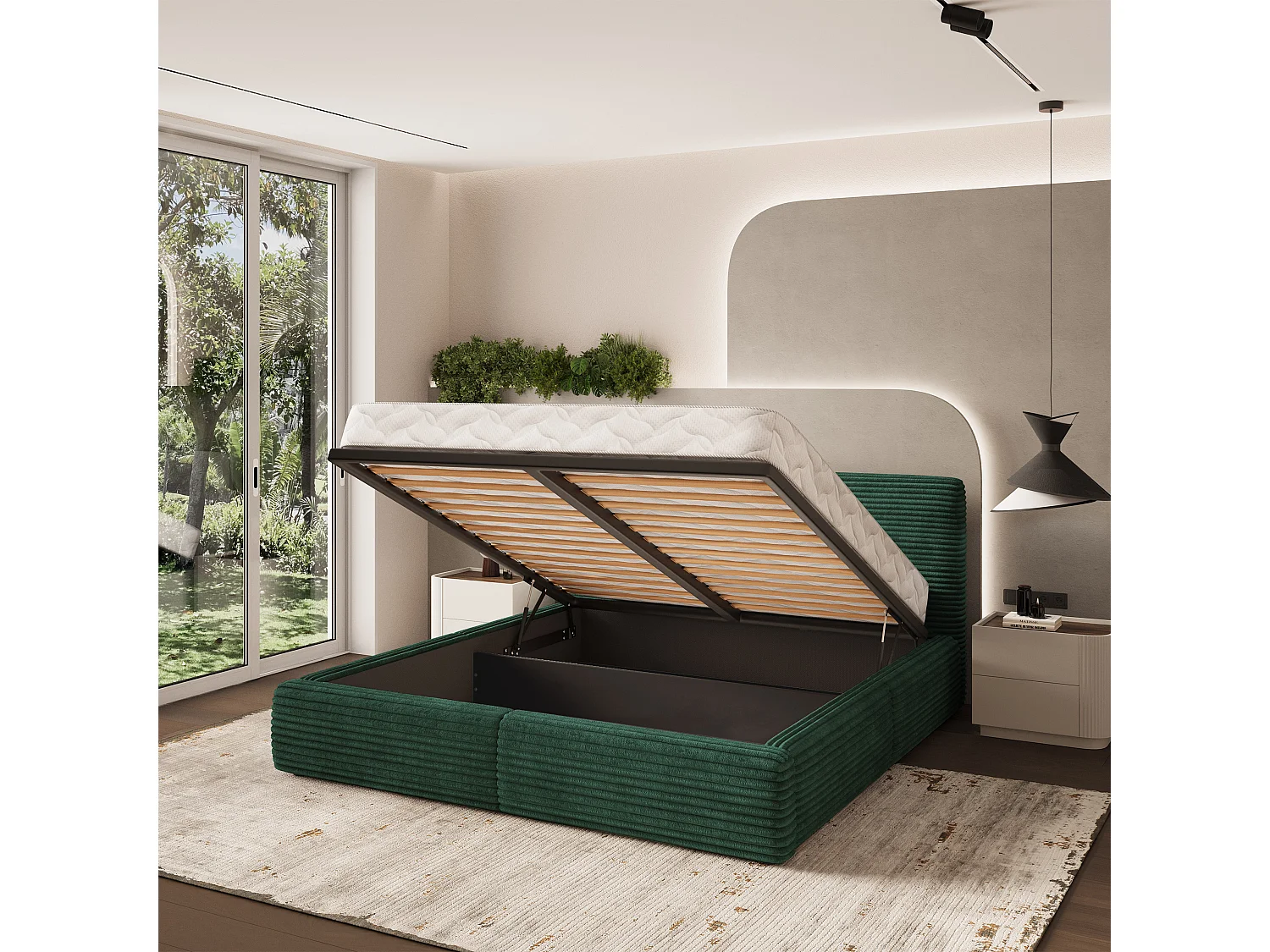 Gestoffeerd bed FELURO 160x200 cm - Corduroy stof - Flessengroen