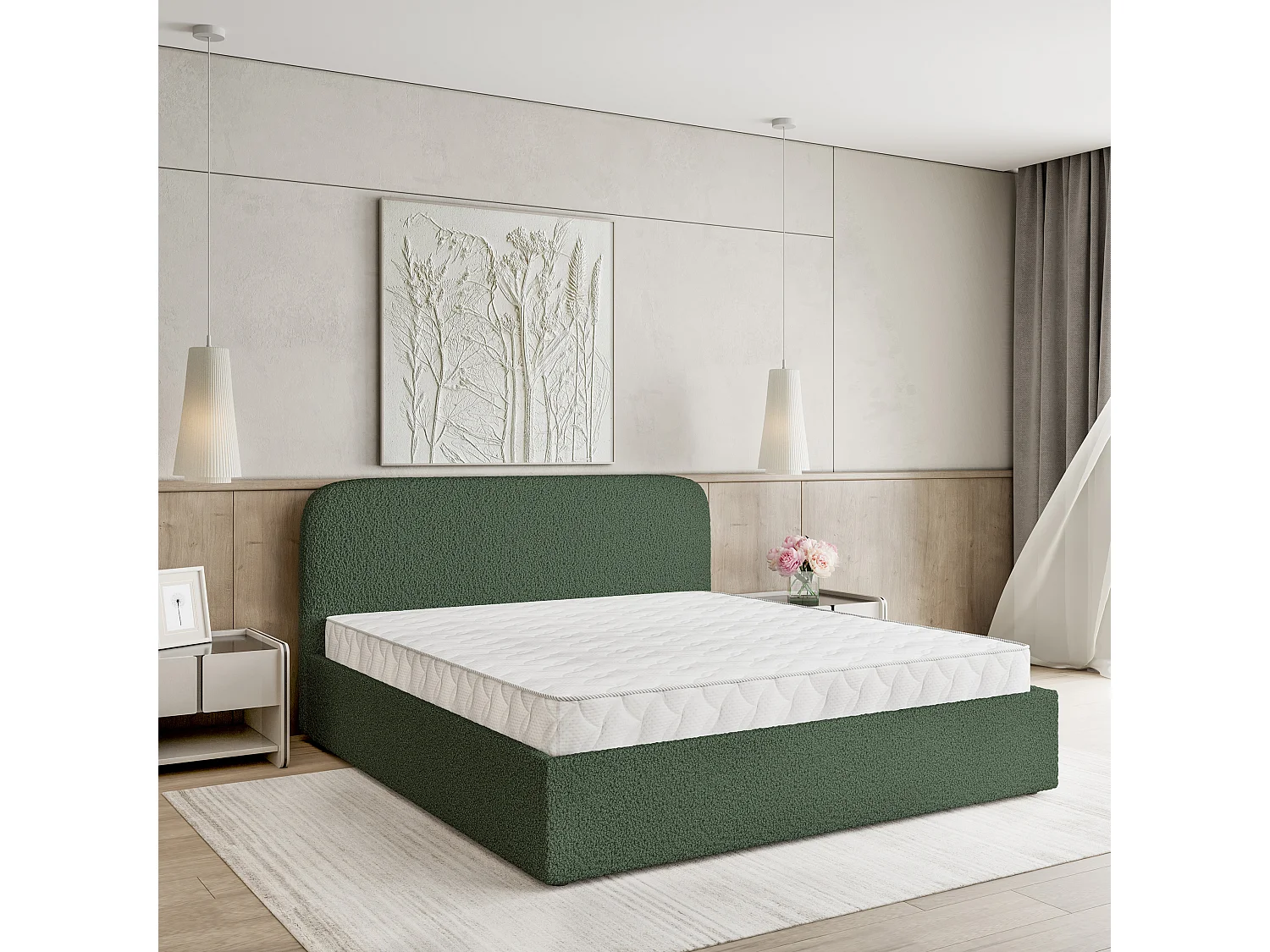 Gestoffeerd bed RENIVE 140x200 cm - Bouclé stof - Groen