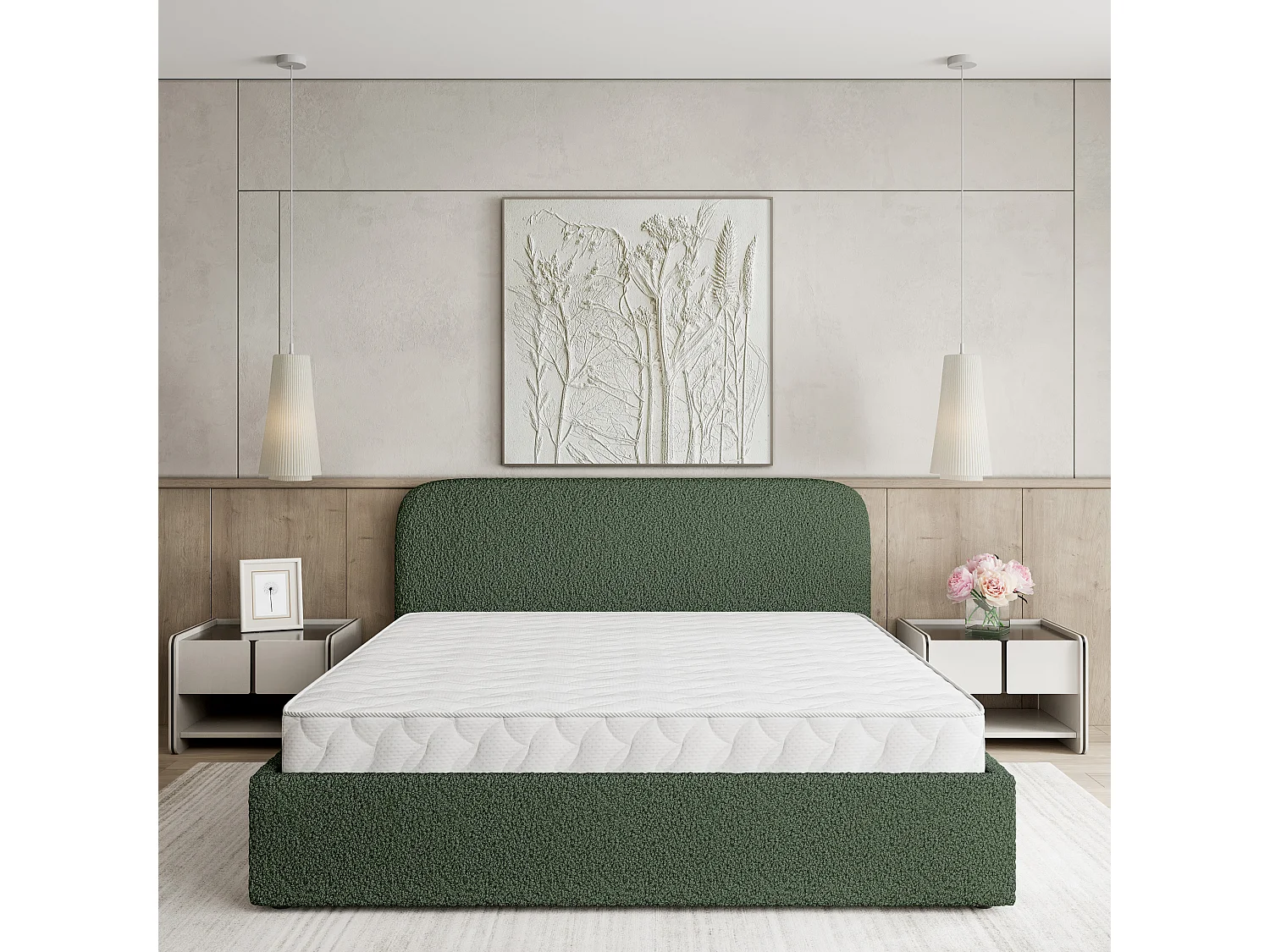 Gestoffeerd bed RENIVE 140x200 cm - Bouclé stof - Groen