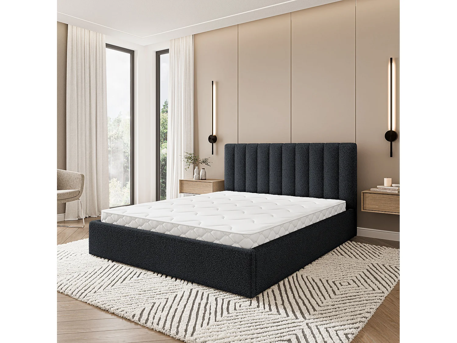Gestoffeerd bed DEMERA 180x200 cm - Bouclé stof - Zwart