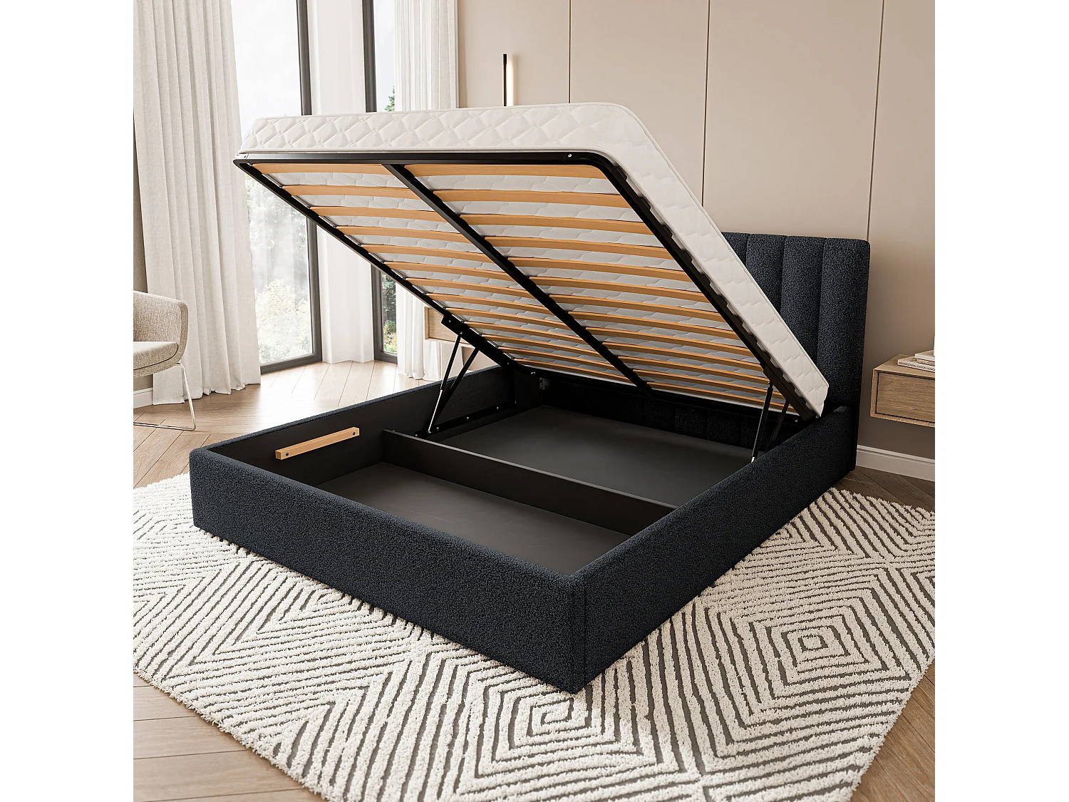 Gestoffeerd bed DEMERA 180x200 cm - Bouclé stof - Zwart