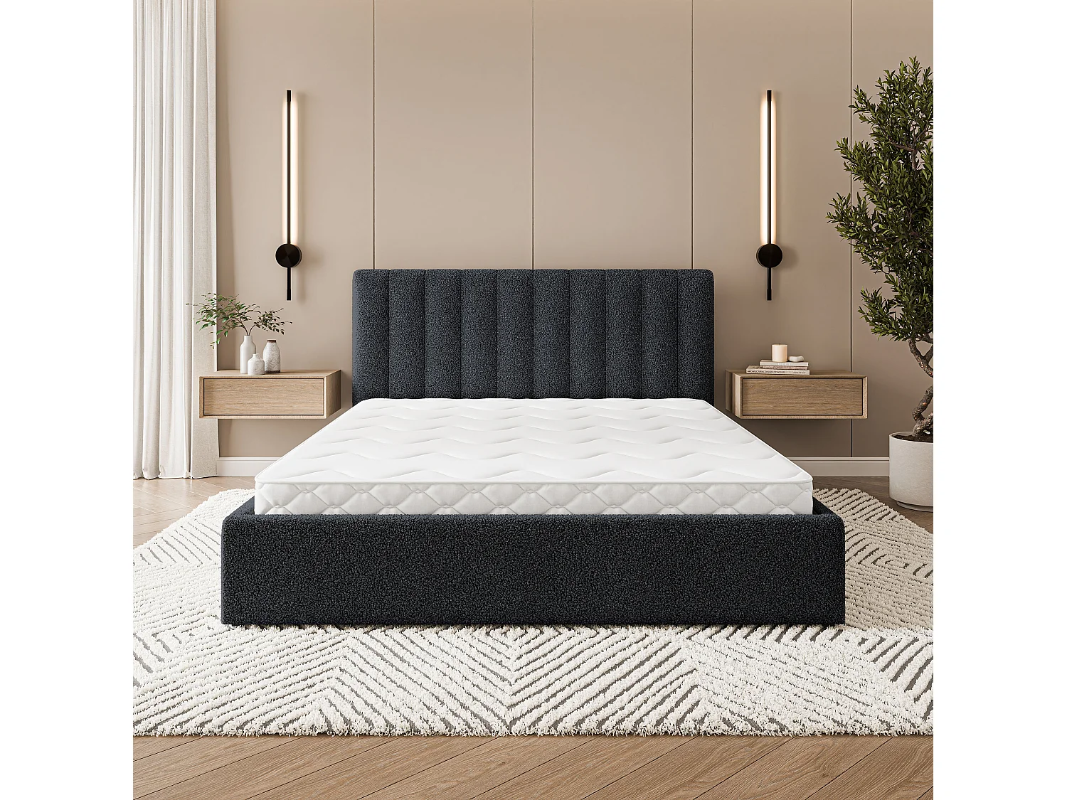 Gestoffeerd bed DEMERA 180x200 cm - Bouclé stof - Zwart