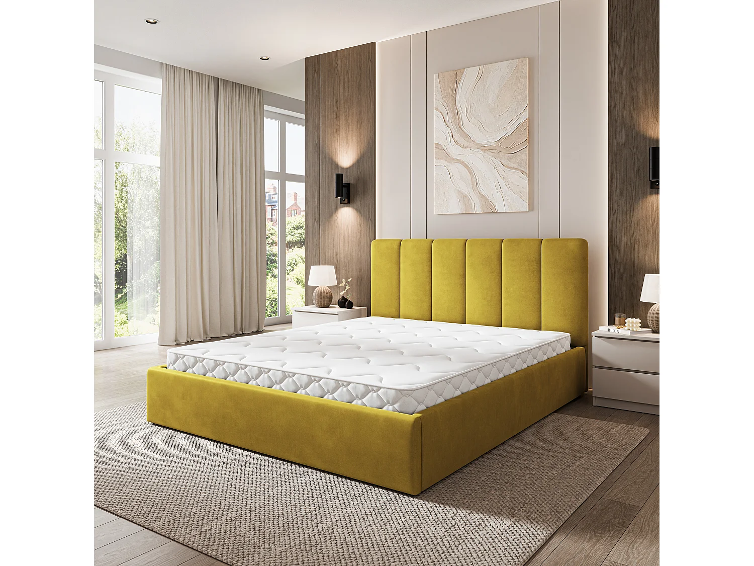 Lit Coffre NEMIS 200x200 cm - Tissu velours - Jaune