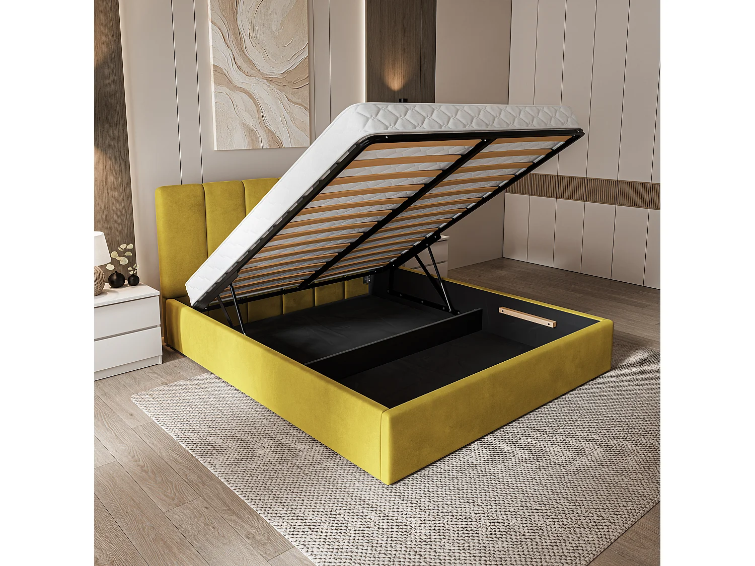 Lit Coffre NEMIS 200x200 cm - Tissu velours - Jaune