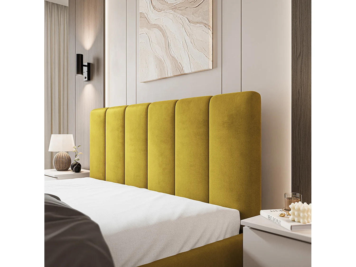 Lit Coffre NEMIS 200x200 cm - Tissu velours - Jaune
