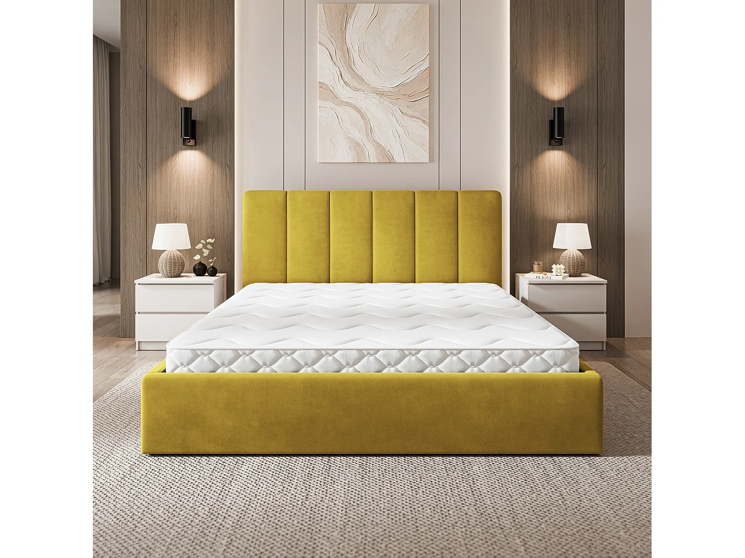 Lit Coffre NEMIS 200x200 cm - Tissu velours - Jaune