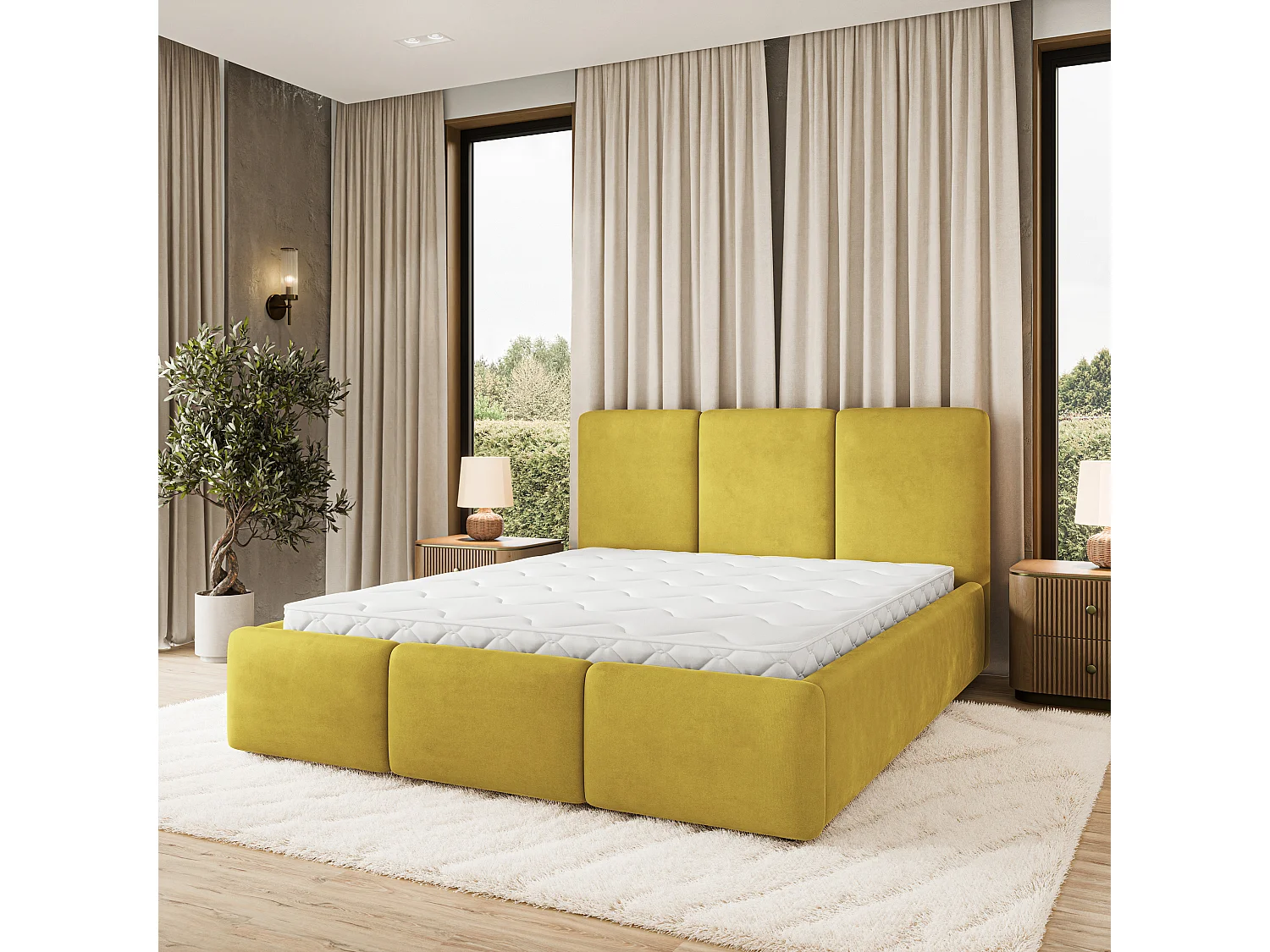 Lit Coffre MORENA 140x200 cm - Tissu velours - Jaune