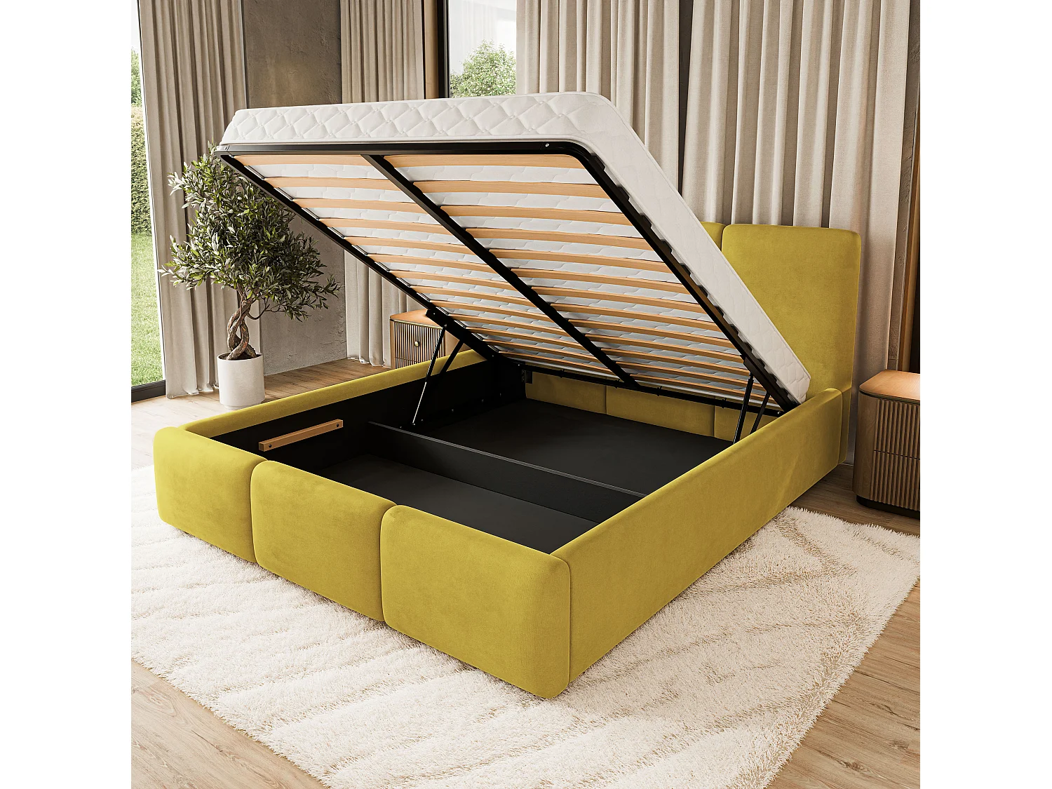 Lit Coffre MORENA 140x200 cm - Tissu velours - Jaune