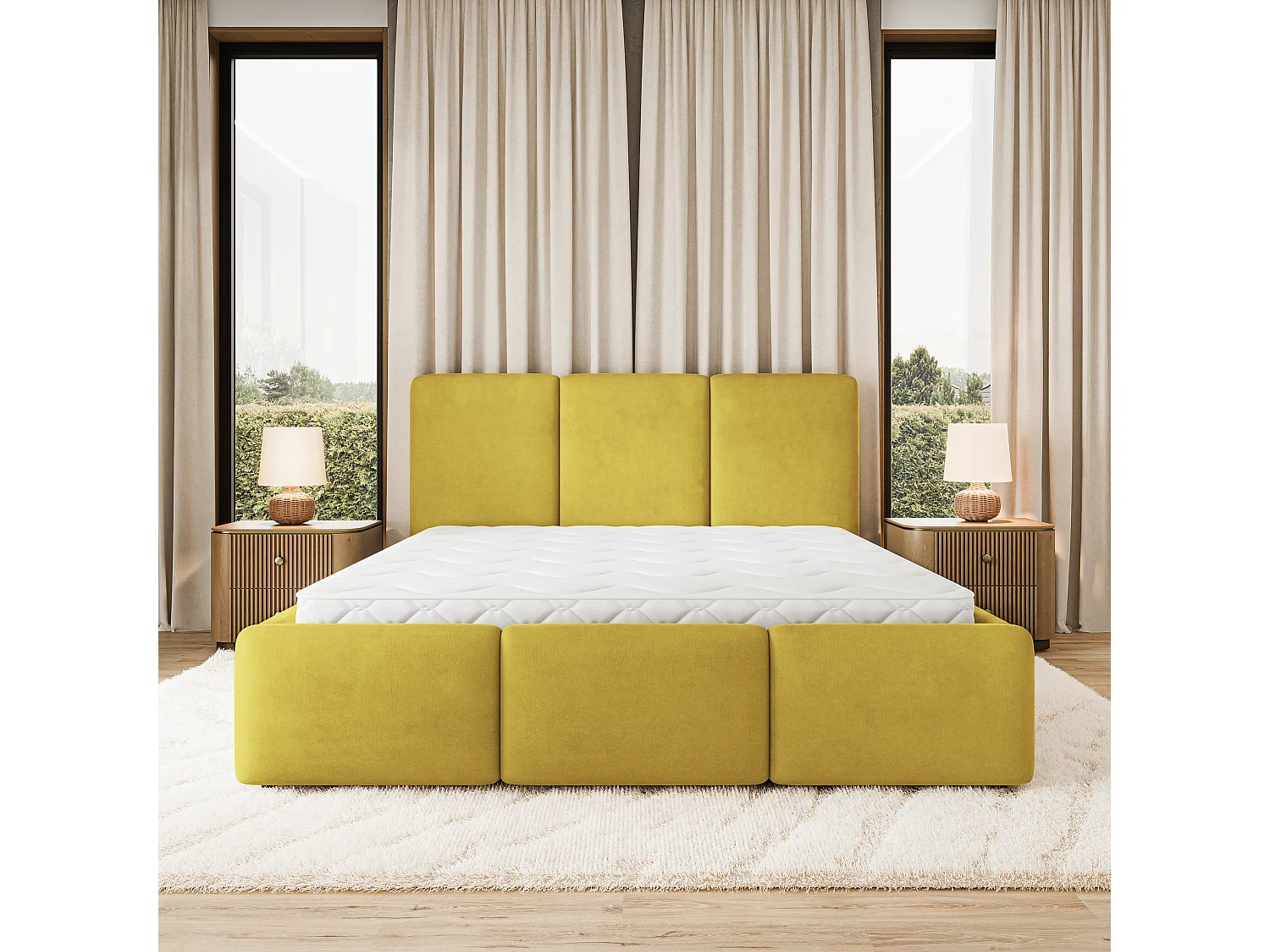 Lit Coffre MORENA 140x200 cm - Tissu velours - Jaune