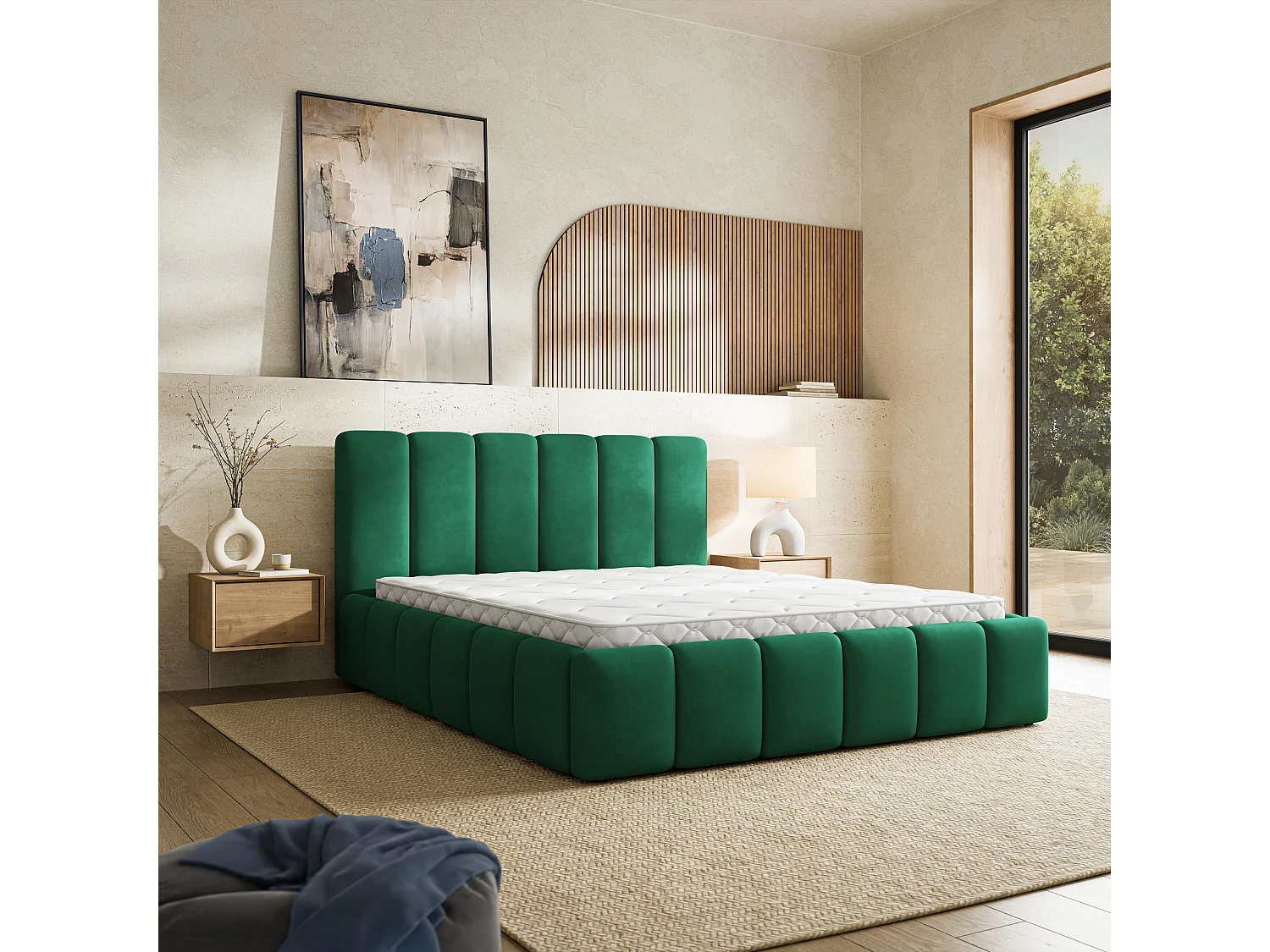 Gestoffeerd bed RANIS 160x200 cm - Fluwelen stof - Flessengroen