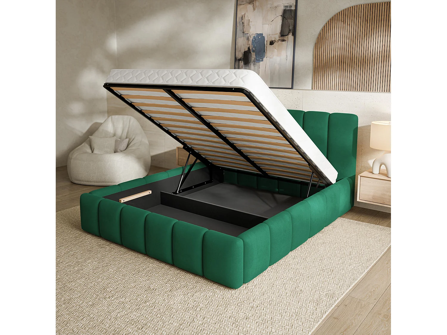 Gestoffeerd bed RANIS 160x200 cm - Fluwelen stof - Flessengroen