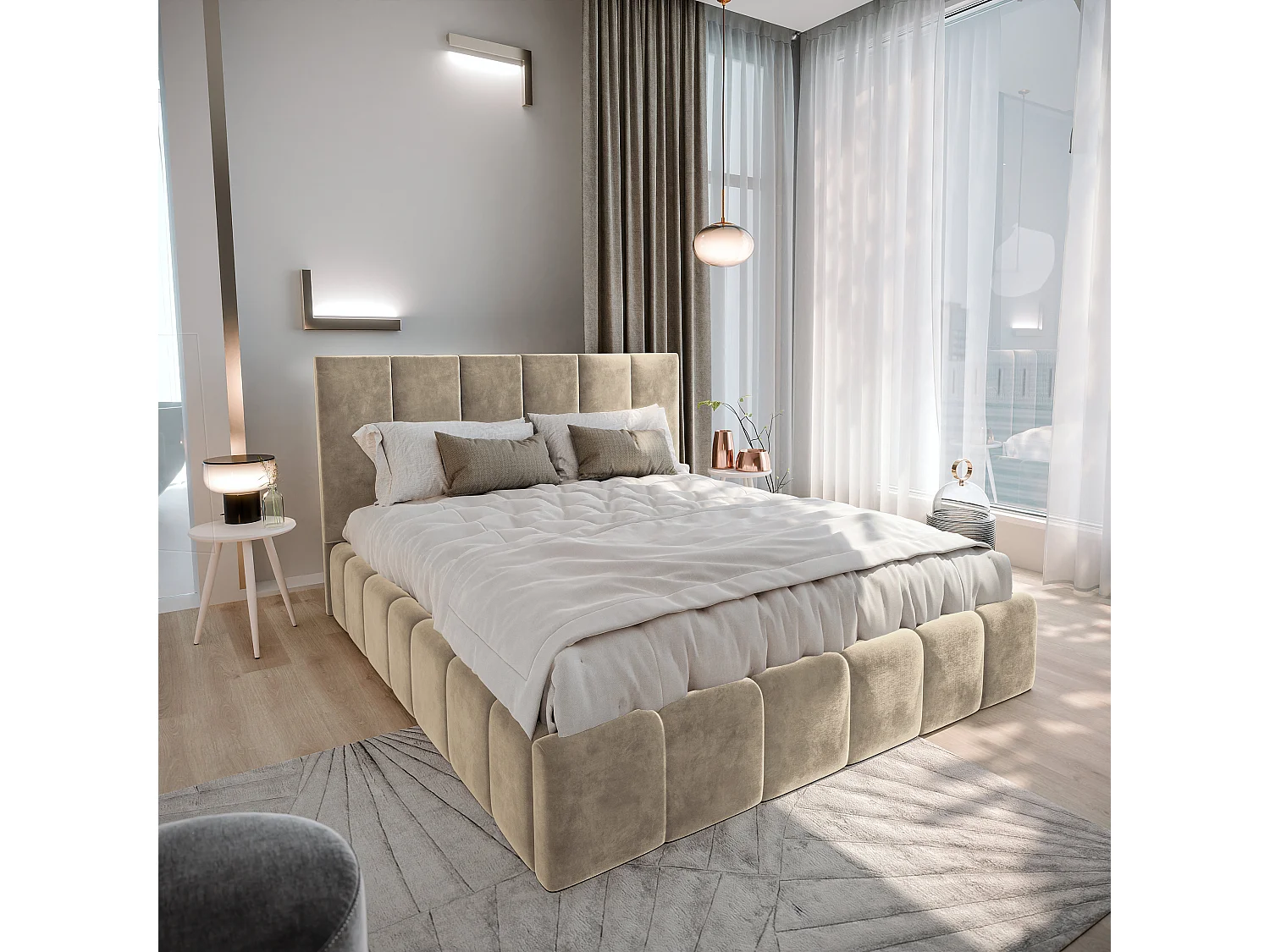Gestoffeerd bed TARANTO 180x200 cm - Fluwelen stof - Crème