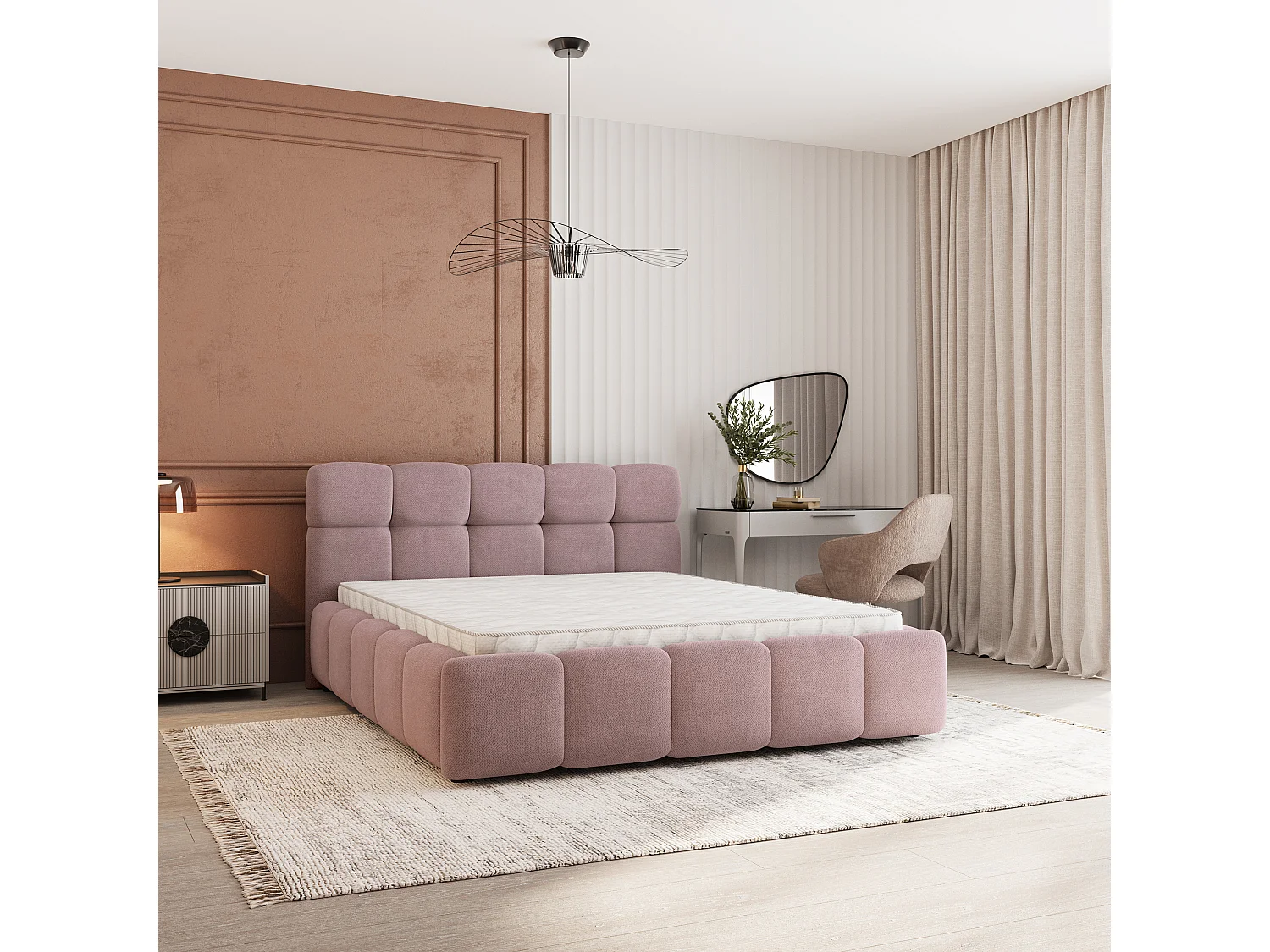 Lit Coffre FARU 180x200 cm - Tissu tissé - Rose poudré