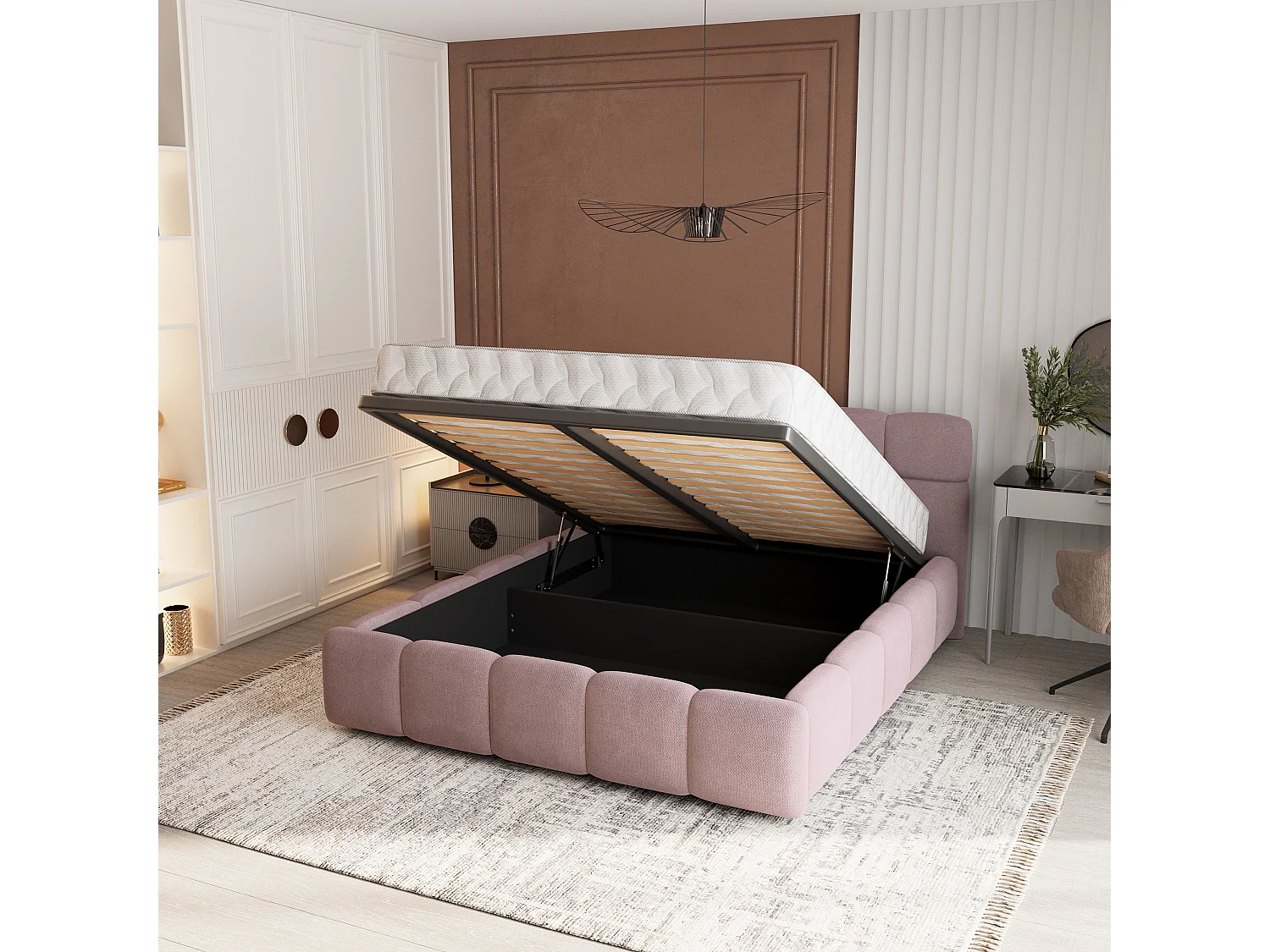 Lit Coffre FARU 180x200 cm - Tissu tissé - Rose poudré