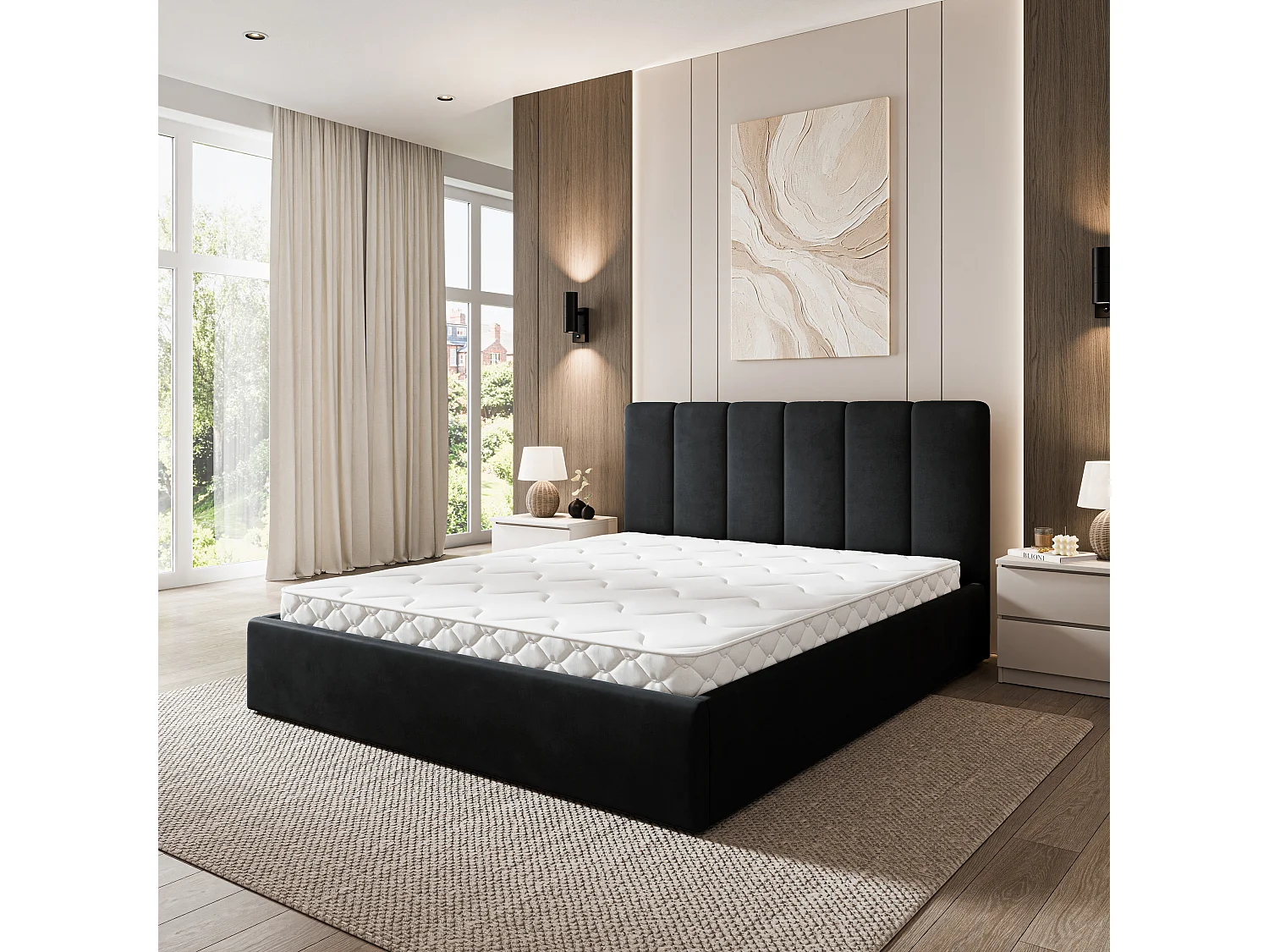 Gestoffeerd bed NEMIS 200x200 cm - Fluwelen stof - Zwart