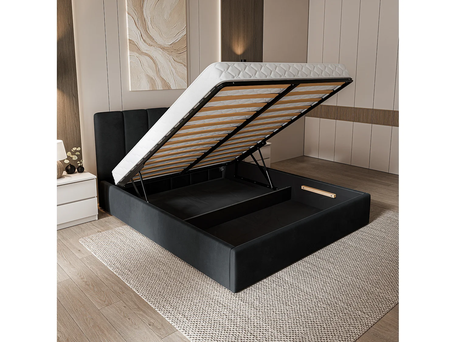 Gestoffeerd bed NEMIS 200x200 cm - Fluwelen stof - Zwart