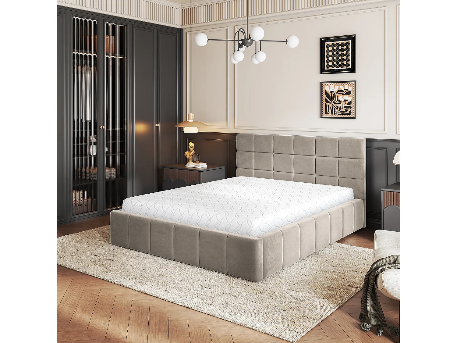 Gestoffeerd bed VERTO 180x200 cm - Pluche stof - Beige