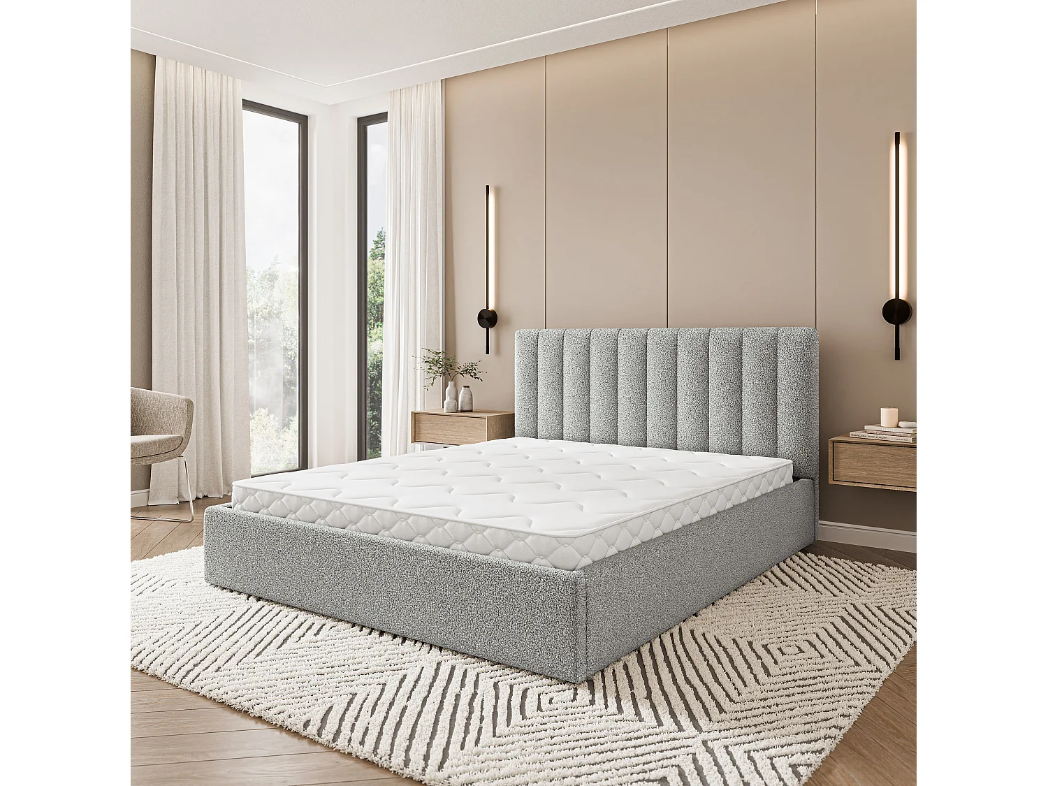 Gestoffeerd bed DEMERA 180x200 cm - Bouclé stof - Lichtgrijs