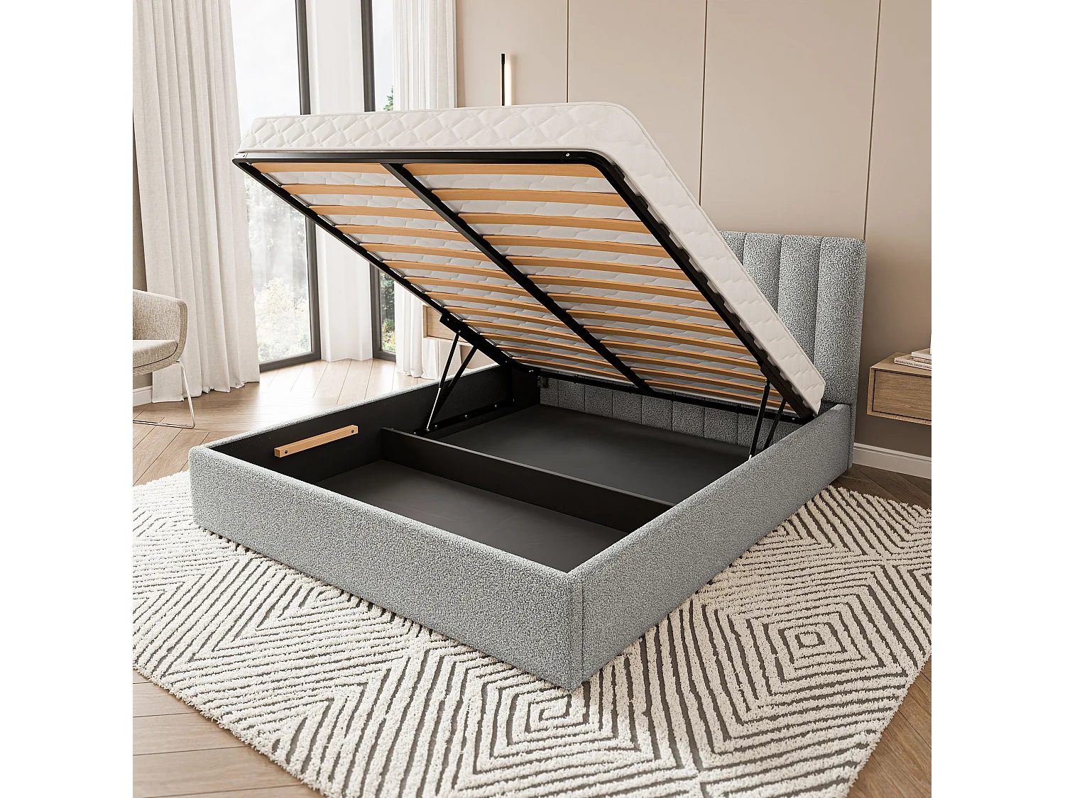 Gestoffeerd bed DEMERA 180x200 cm - Bouclé stof - Lichtgrijs