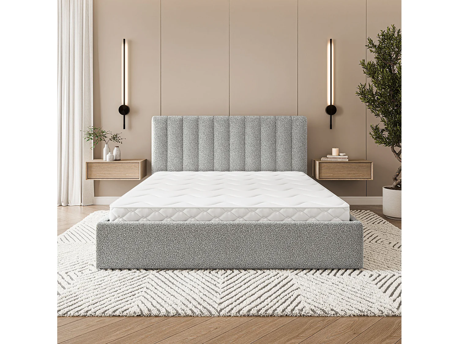 Gestoffeerd bed DEMERA 180x200 cm - Bouclé stof - Lichtgrijs