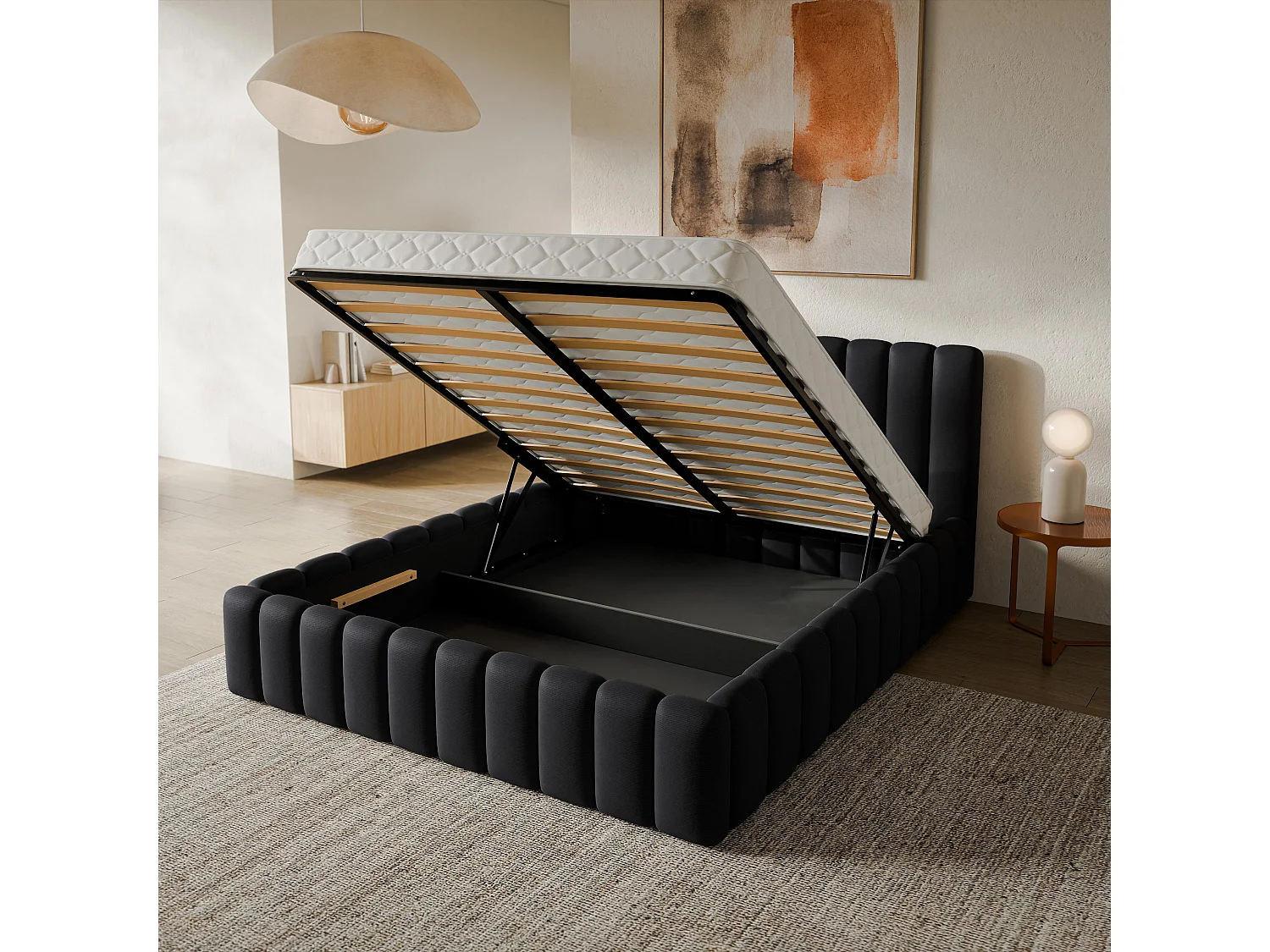 Gestoffeerd bed TEBA 180x200 cm - Pluche stof - Zwart