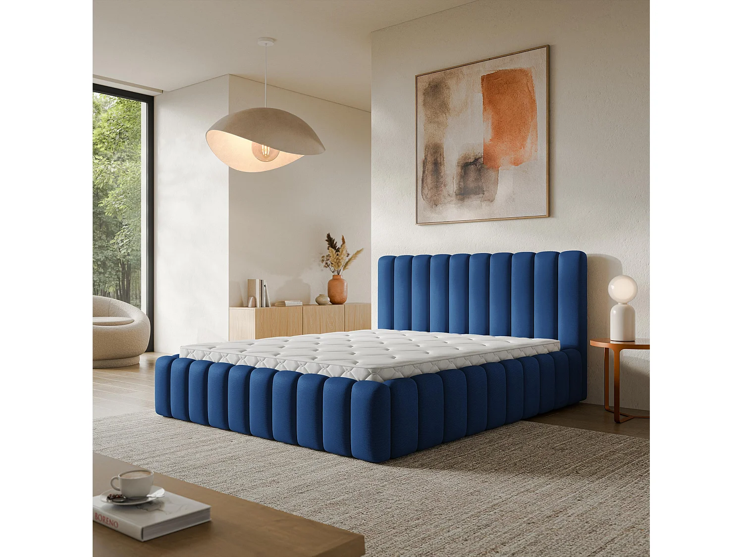 Gestoffeerd bed TEBA 200x200 cm - Pluche stof - Blauw