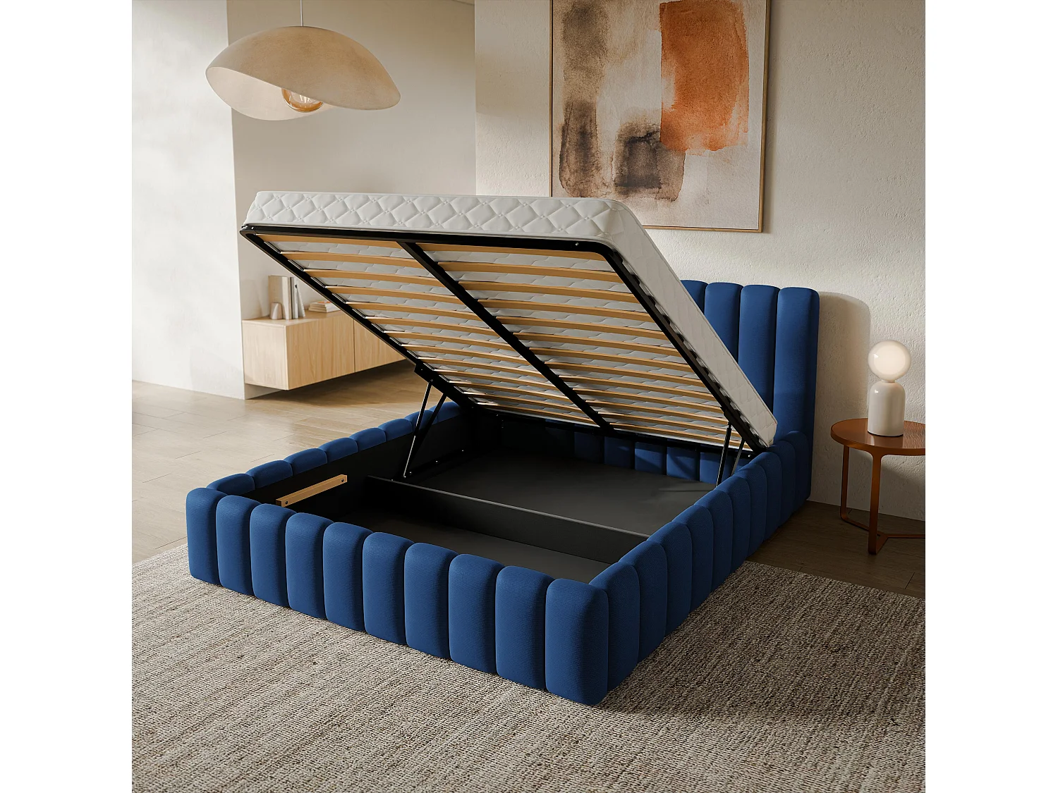 Gestoffeerd bed TEBA 200x200 cm - Pluche stof - Blauw