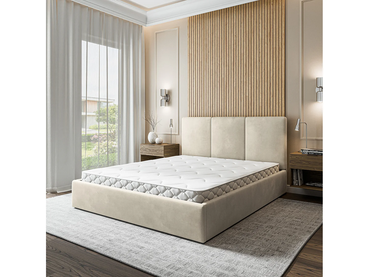 Gestoffeerd bed AZURI 180x200 cm - Fluwelen stof - Beige