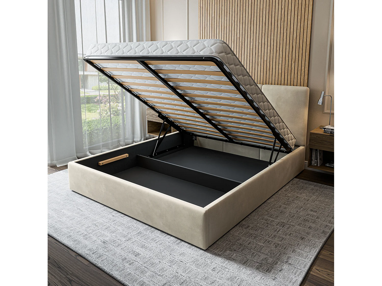 Gestoffeerd bed AZURI 180x200 cm - Fluwelen stof - Beige