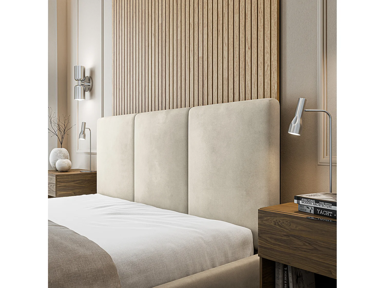 Gestoffeerd bed AZURI 180x200 cm - Fluwelen stof - Beige