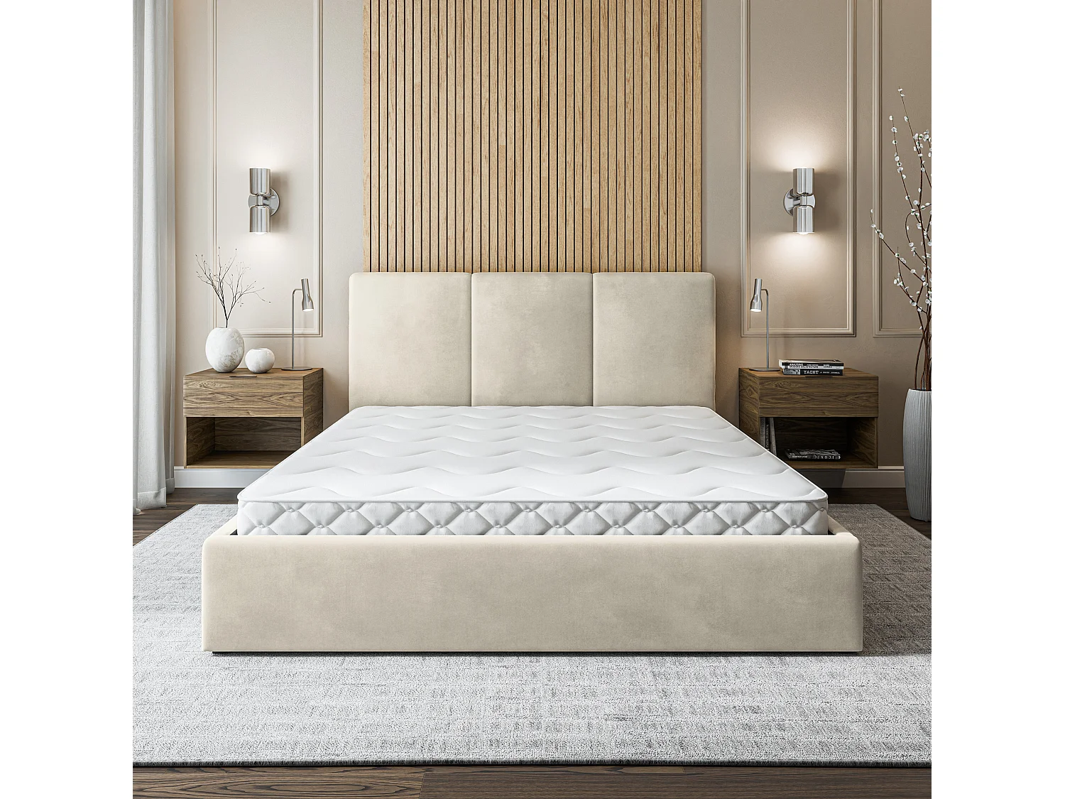 Gestoffeerd bed AZURI 180x200 cm - Fluwelen stof - Beige