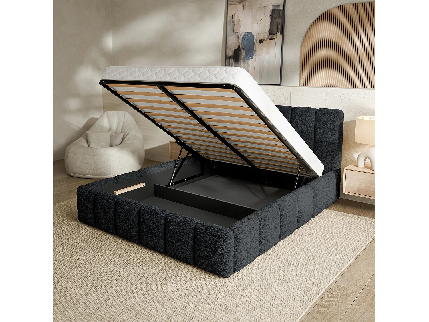 Gestoffeerd bed RANIS 180x200 cm - Bouclé stof - Zwart