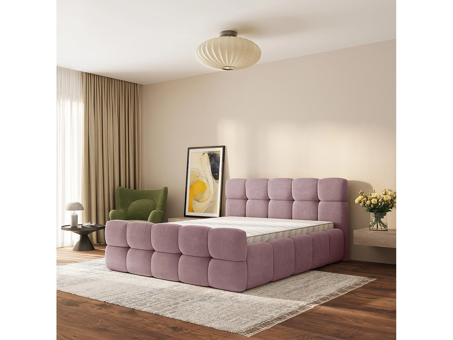 Lit Coffre ELIZJA 200x200 cm - Tissu tissé - Rose poudré