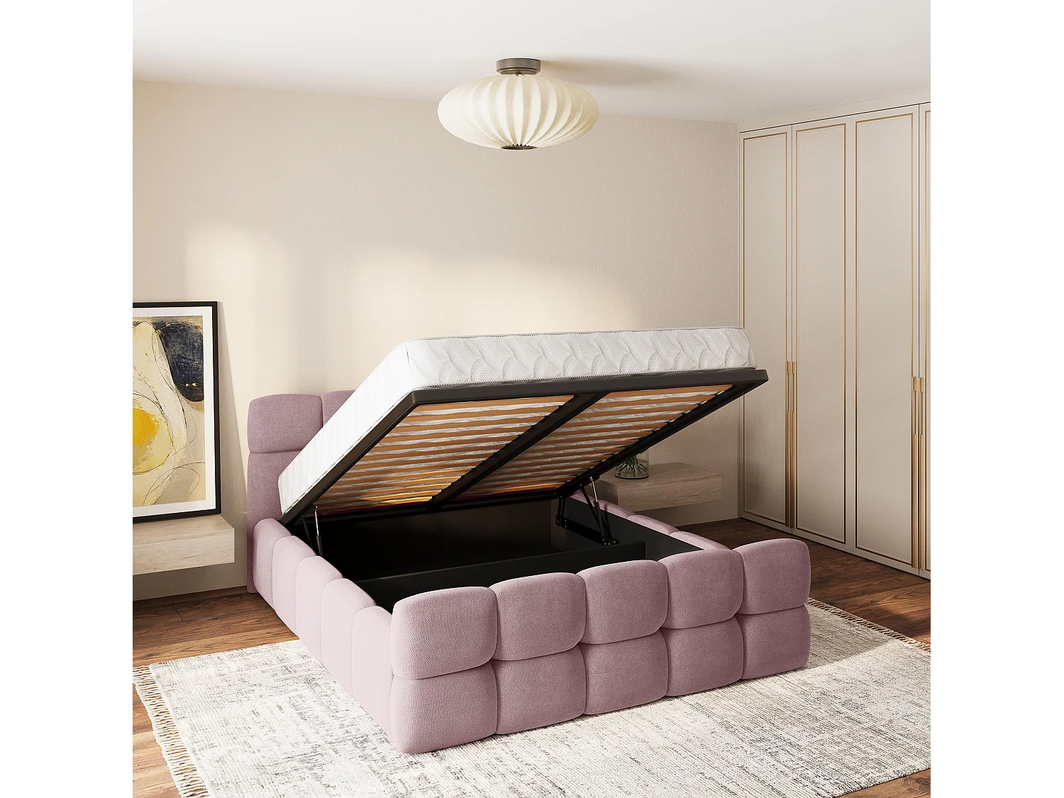 Lit Coffre ELIZJA 200x200 cm - Tissu tissé - Rose poudré