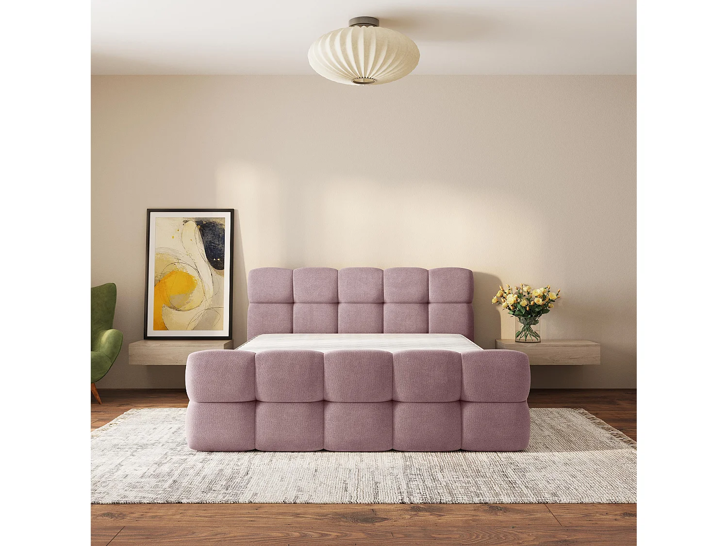 Lit Coffre ELIZJA 200x200 cm - Tissu tissé - Rose poudré