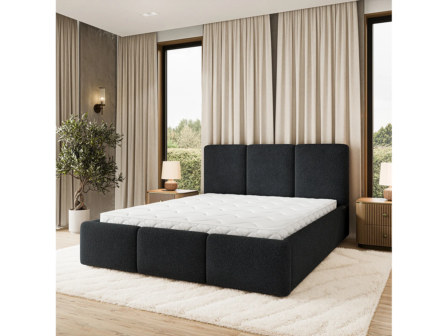 Gestoffeerd bed MORENA 180x200 cm - Bouclé stof - Zwart