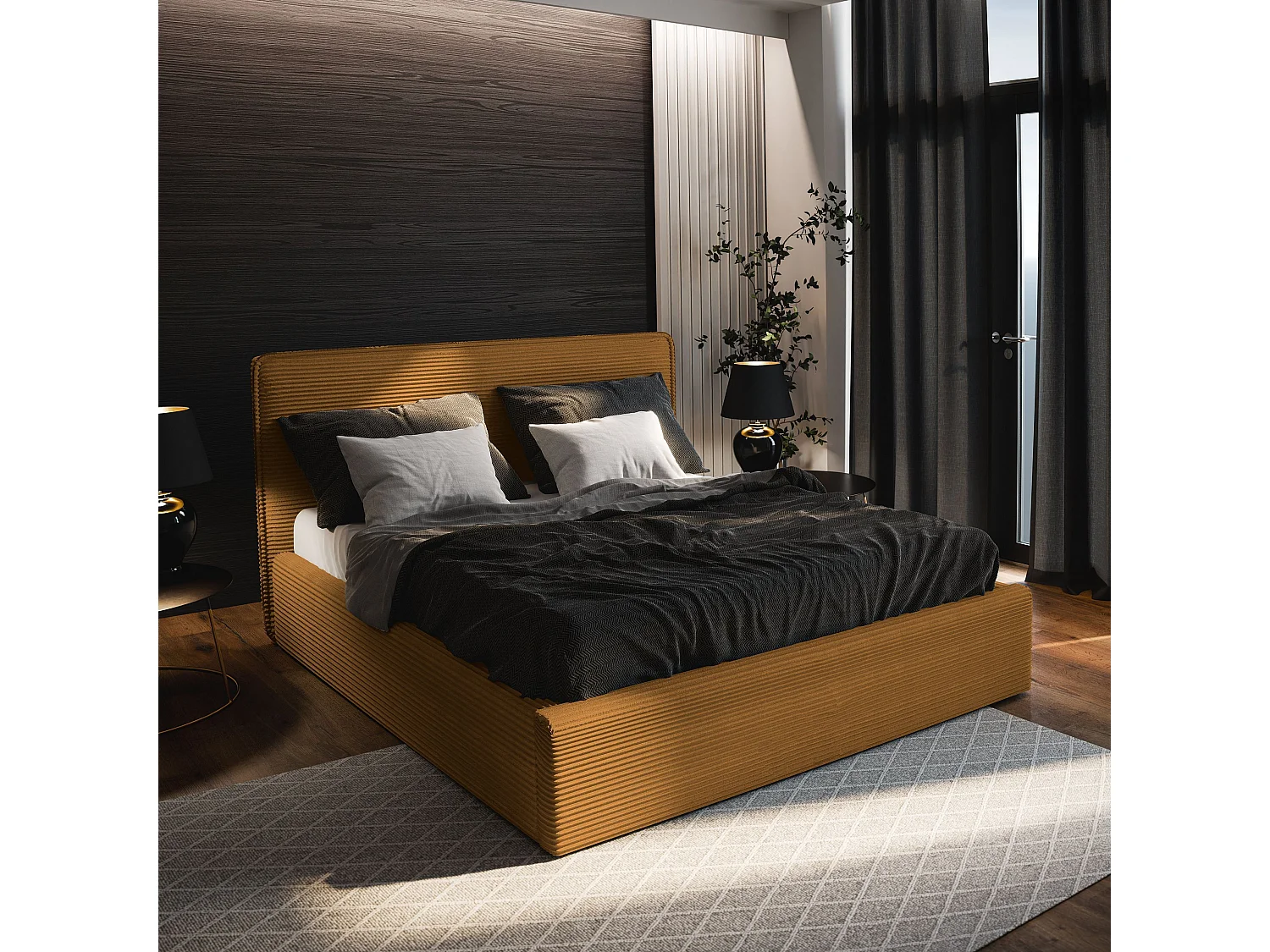 Lit Coffre PARMA 120x200 cm - Velours côtelé - Jaune