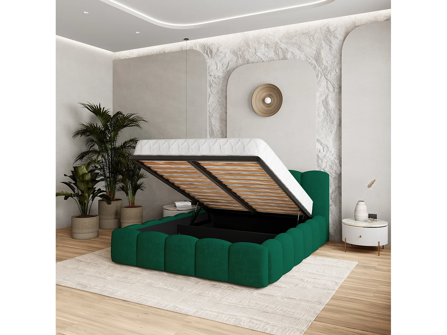 Gestoffeerd bed FALINA 160x200 cm - Pluche stof - Flessengroen