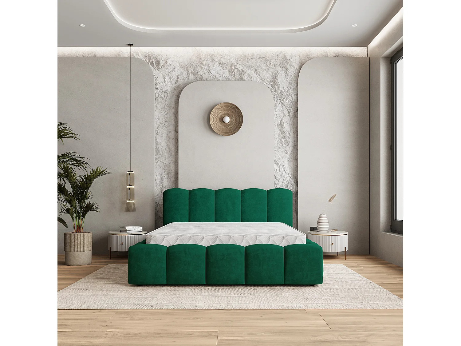 Gestoffeerd bed FALINA 160x200 cm - Pluche stof - Flessengroen