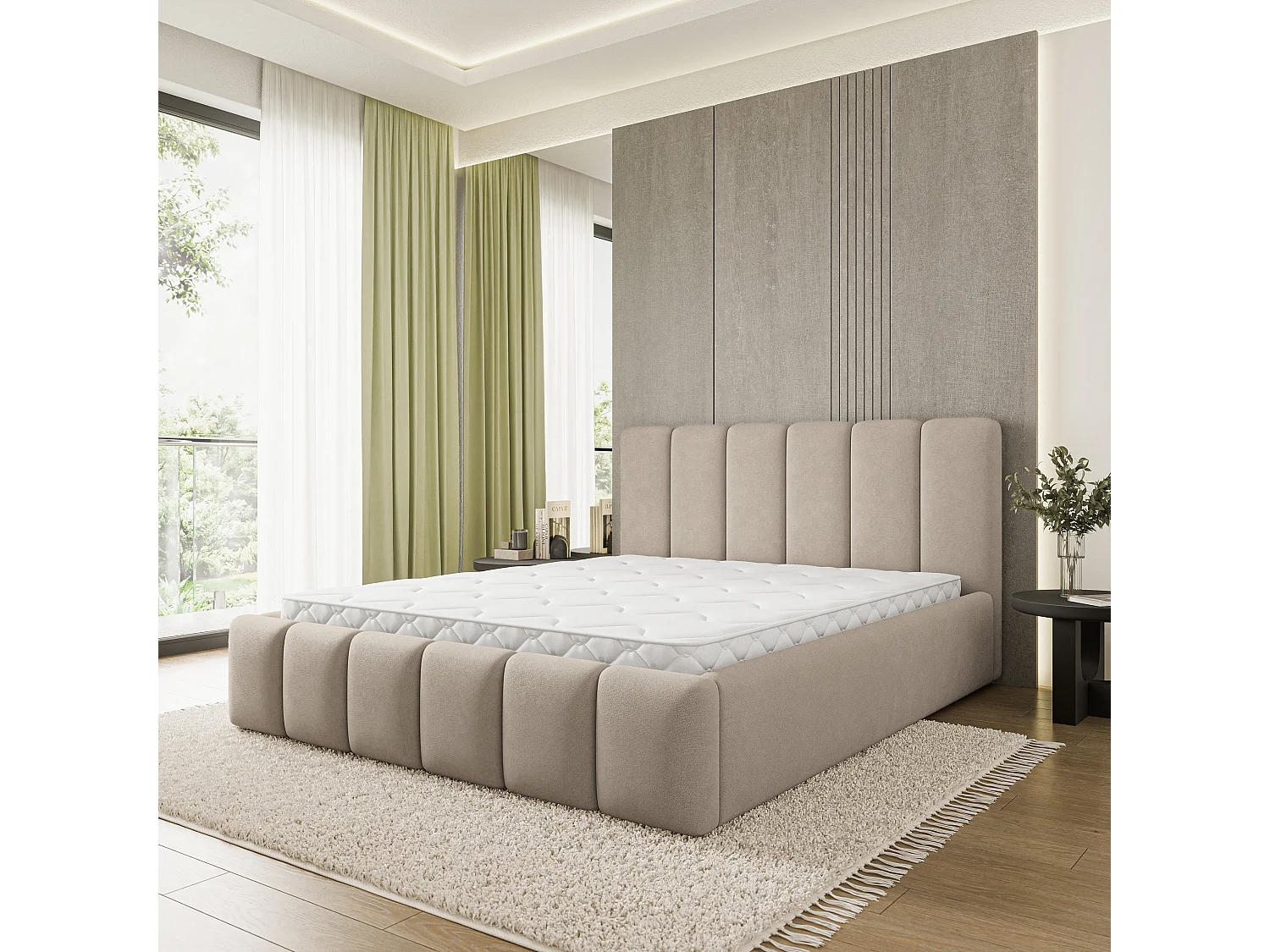 Gestoffeerd bed ATTORA 200x200 cm - Geweven stof - Beige