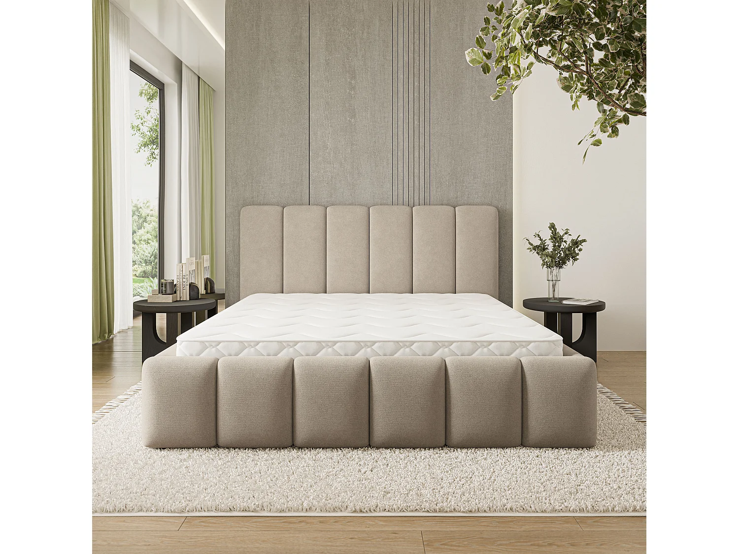 Gestoffeerd bed ATTORA 200x200 cm - Geweven stof - Beige