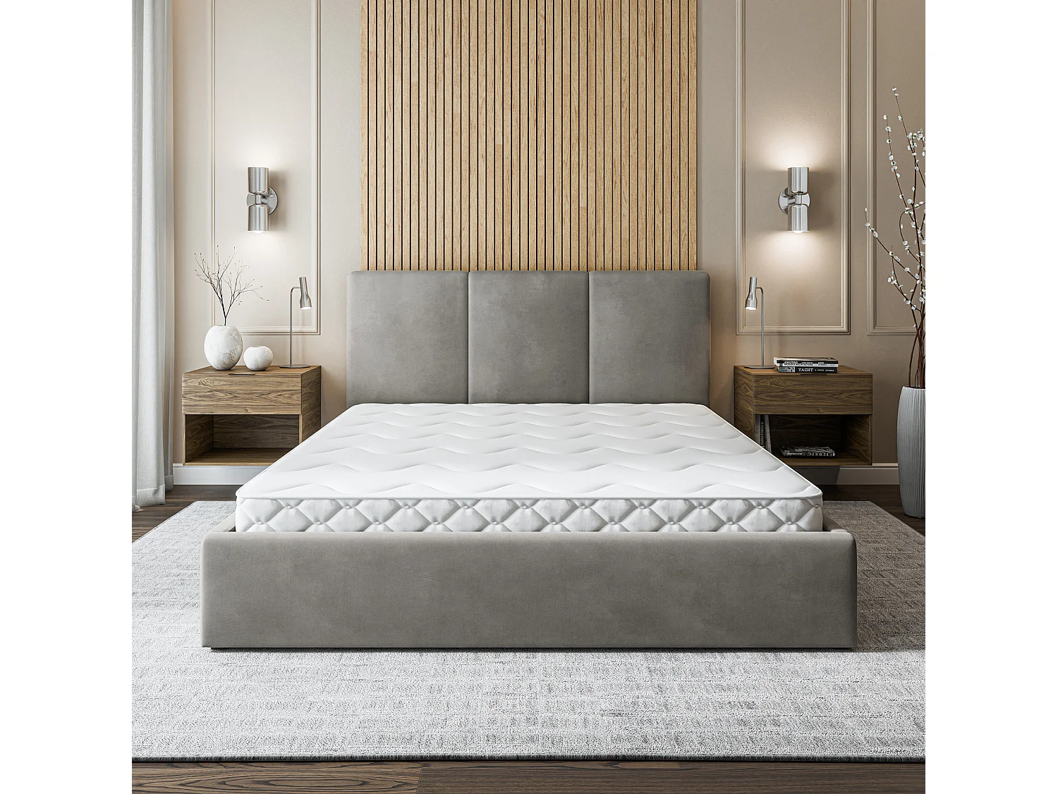 Gestoffeerd bed AZURI 200x200 cm - Fluwelen stof - Grijs