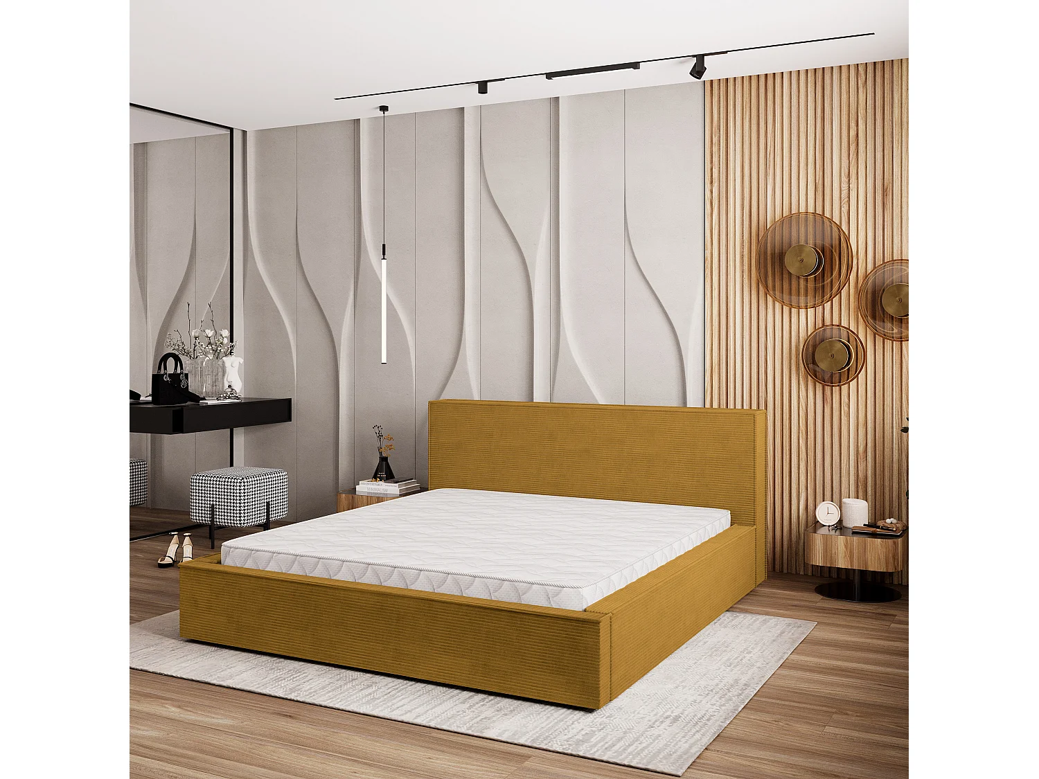 Lit Coffre CELORA 120x200 cm - Velours côtelé - Jaune