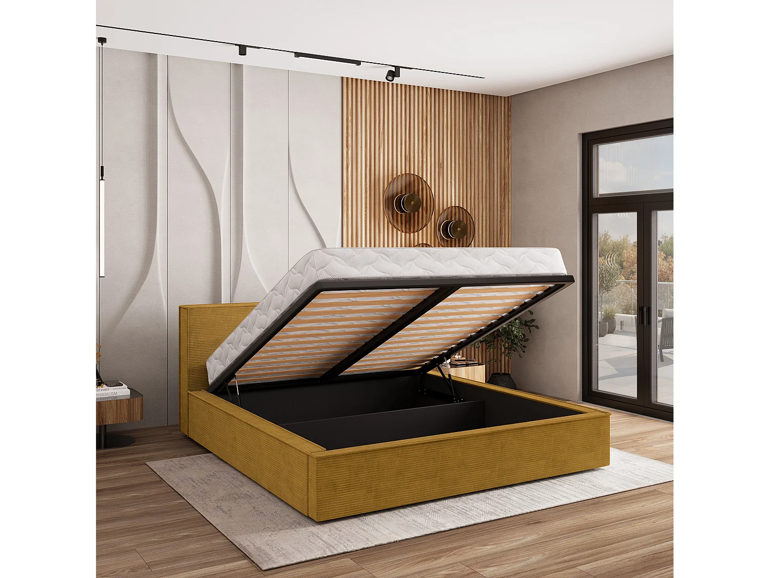 Lit Coffre CELORA 120x200 cm - Velours côtelé - Jaune