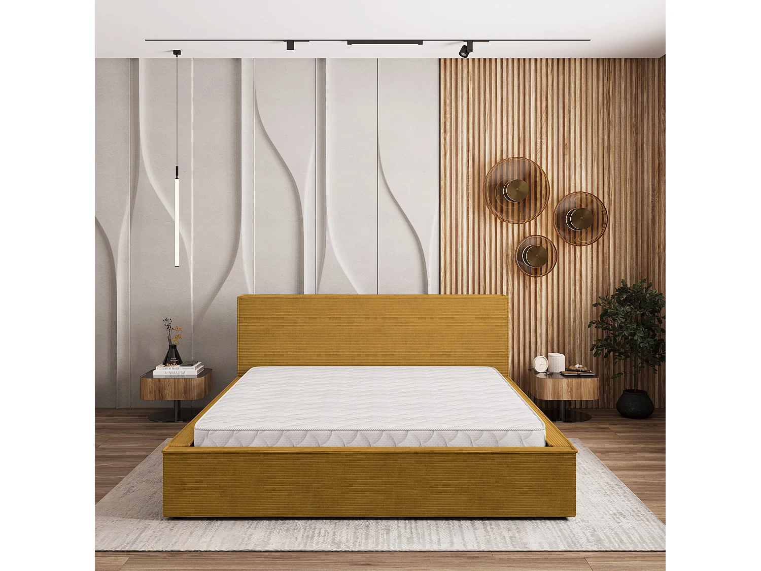 Lit Coffre CELORA 120x200 cm - Velours côtelé - Jaune