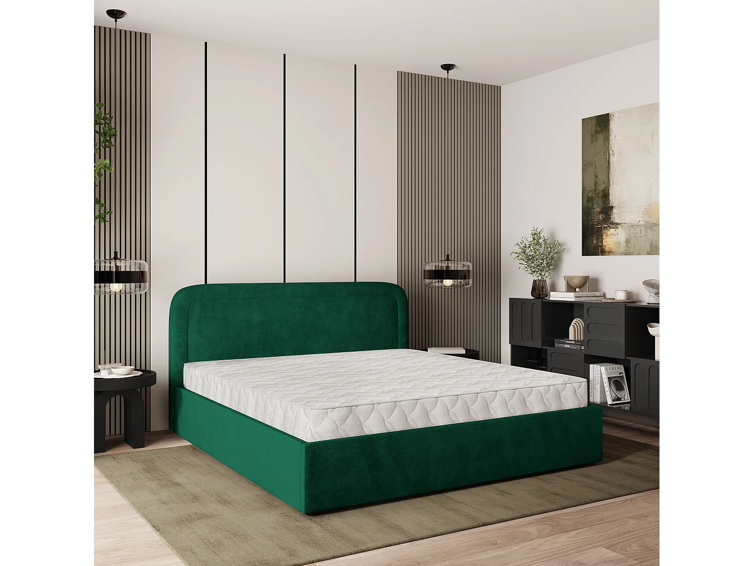 Gestoffeerd bed BENIRA 160x200 cm - Pluche stof - Flessengroen