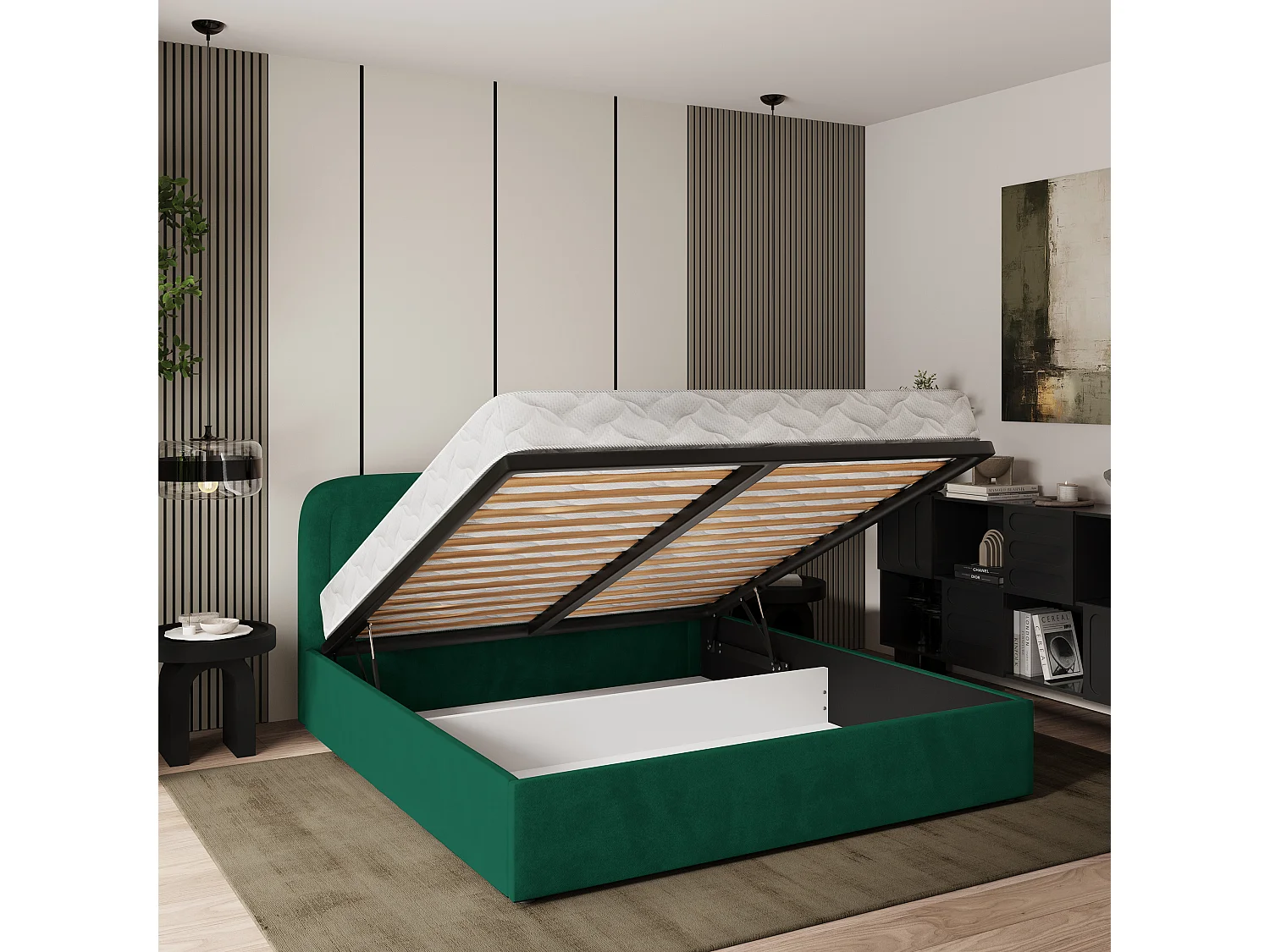 Gestoffeerd bed BENIRA 160x200 cm - Pluche stof - Flessengroen