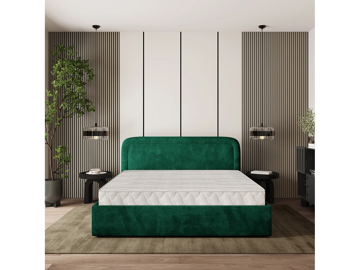 Gestoffeerd bed BENIRA 160x200 cm - Pluche stof - Flessengroen